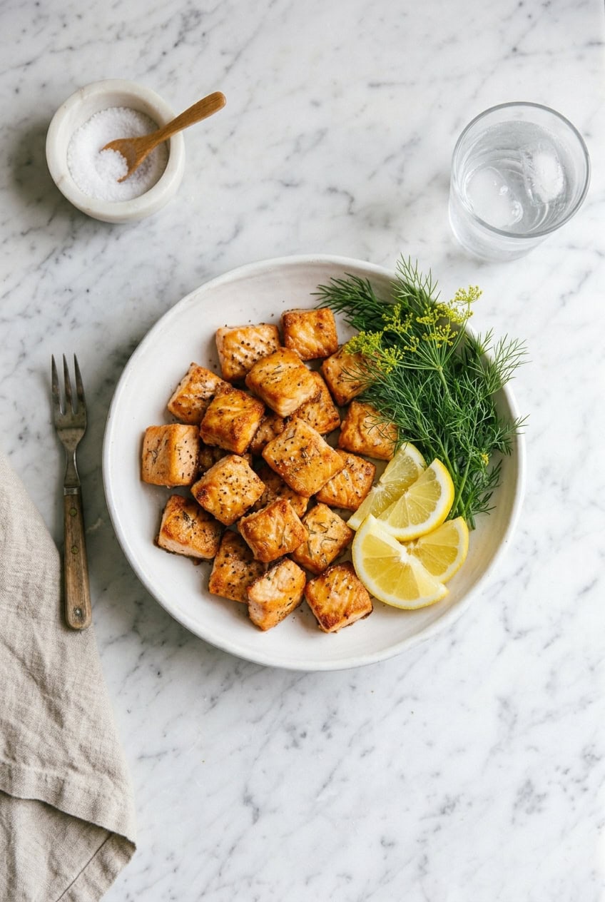 Air fryer salmon bites in a white ceramic dish with lemon and dill