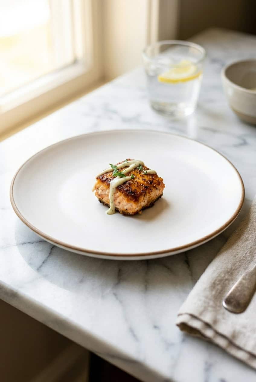 Single serving of air fryer salmon bites on a white plate with lemon