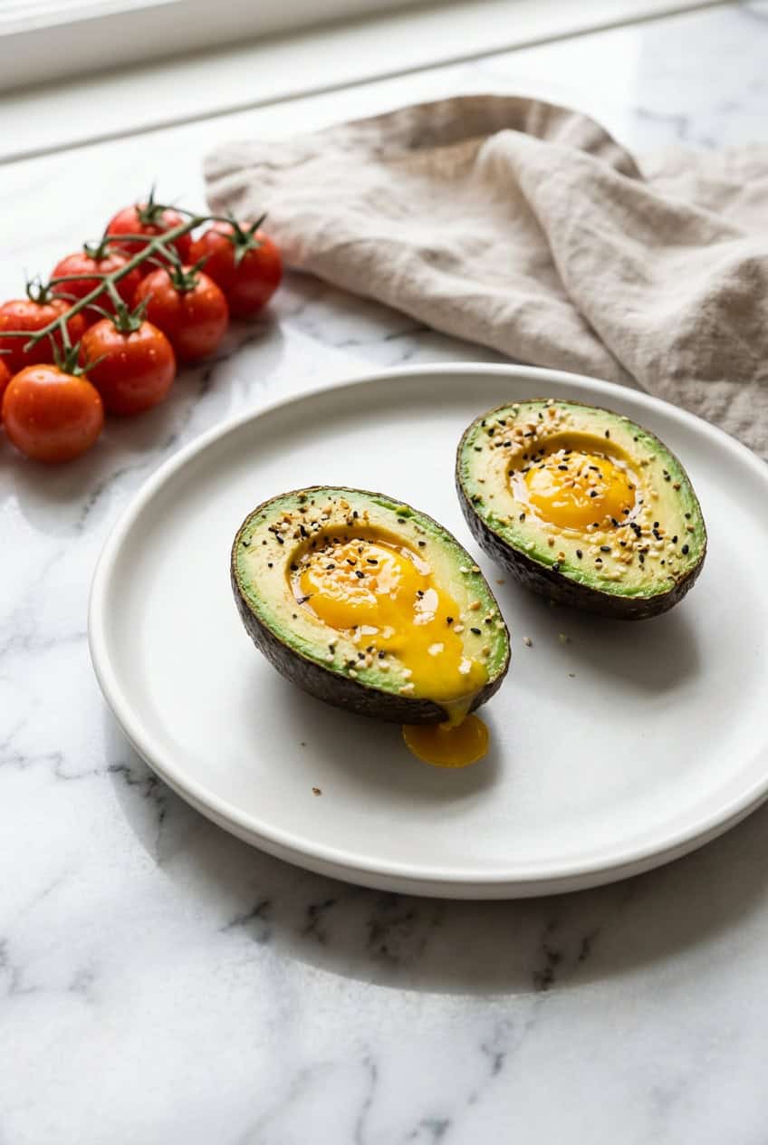 Baked avocado egg boats with everything seasoning on white plate