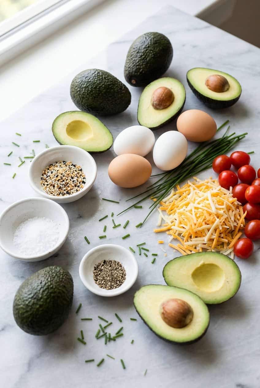 Ingredients for avocado egg boats in white bowls on marble