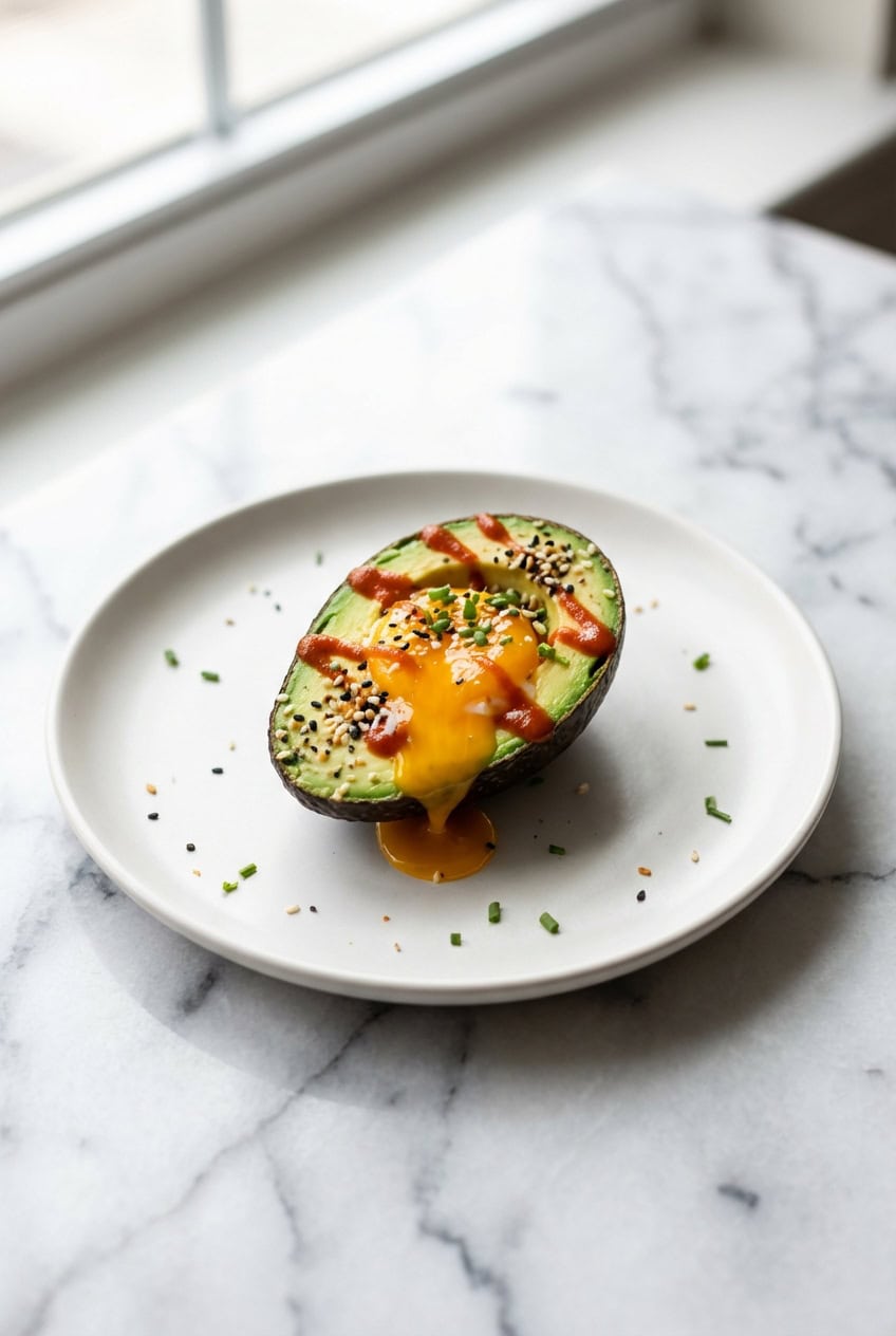 Single baked avocado egg boat with runny yolk on white plate
