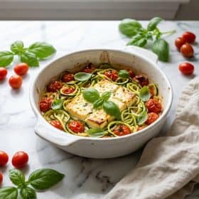 Baked feta pasta with zucchini noodles in white baking dish on marble