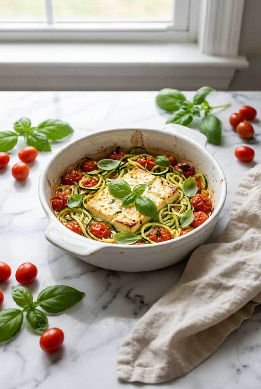 Baked feta pasta with zucchini noodles in white baking dish on marble