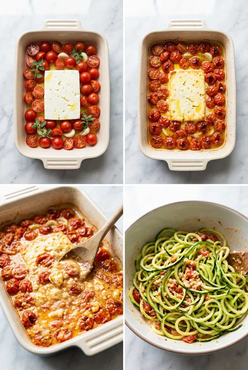 Step by step process of making baked feta pasta with zucchini noodles