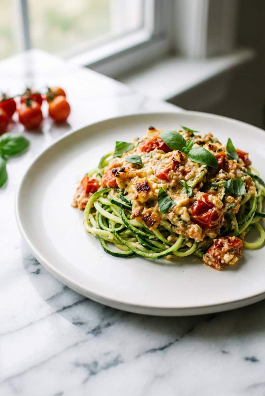 Single serving of baked feta pasta with zucchini noodles on white plate