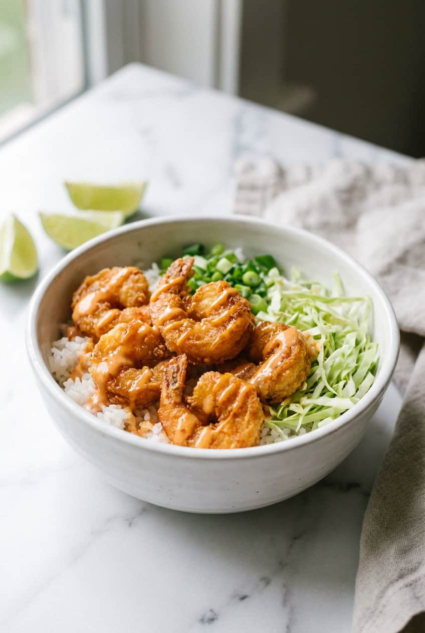 Bang bang shrimp bowl with crispy shrimp over rice on white plate