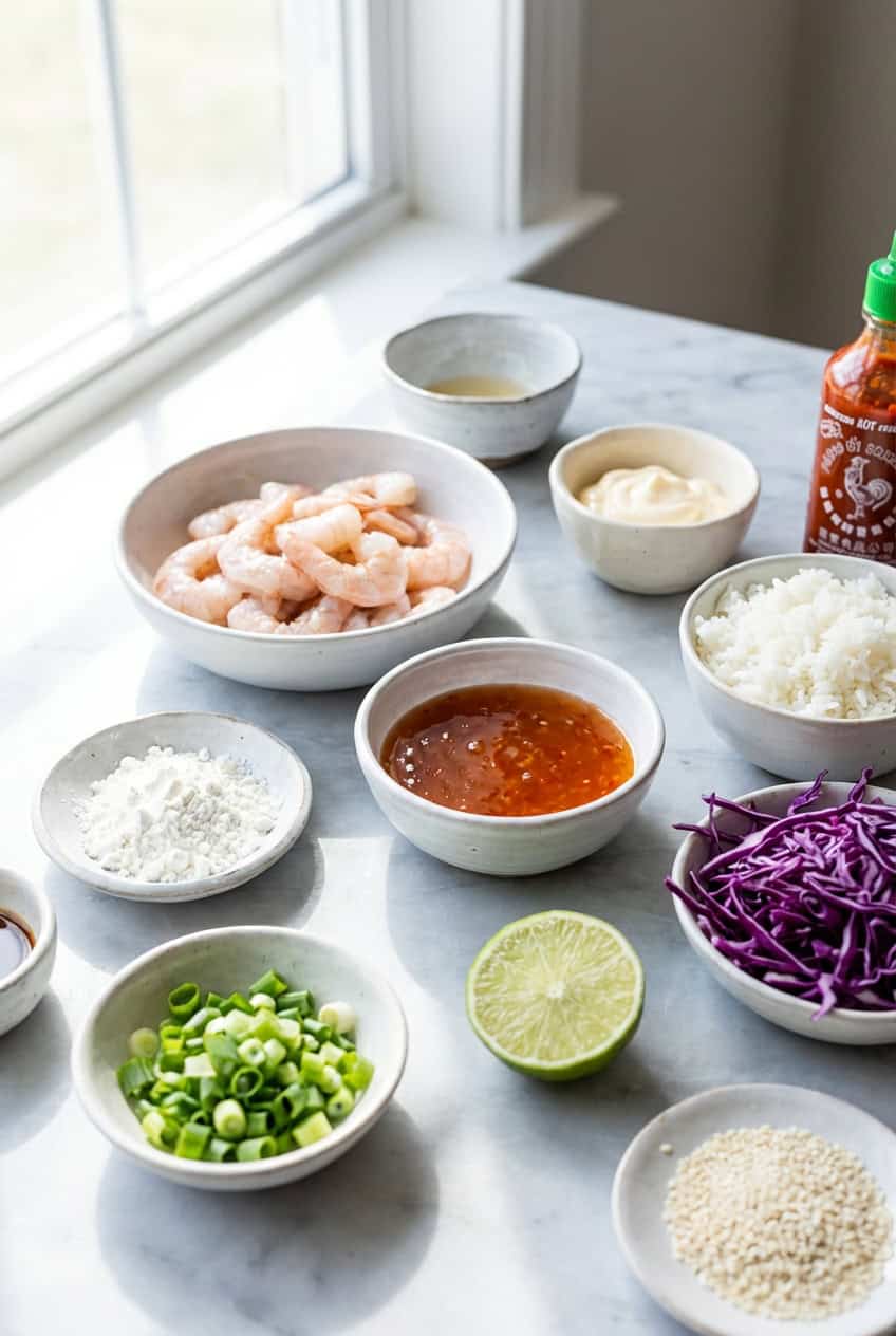 Ingredients for bang bang shrimp bowls in white bowls on marble