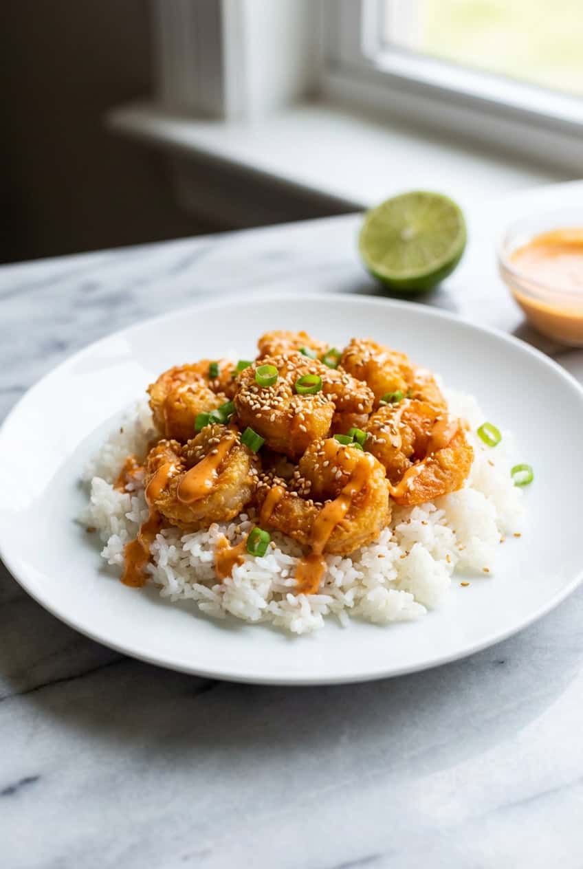 Single serving bang bang shrimp bowl with spicy sauce on white plate