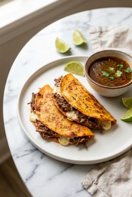 Birria quesadillas with crispy red tortillas and consomme on white plate