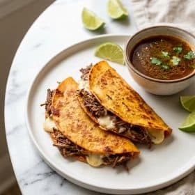Birria quesadillas with crispy red tortillas and consomme on white plate