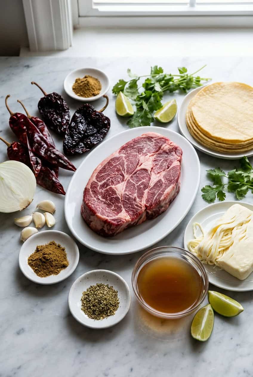 Ingredients for birria quesadillas in white bowls on marble