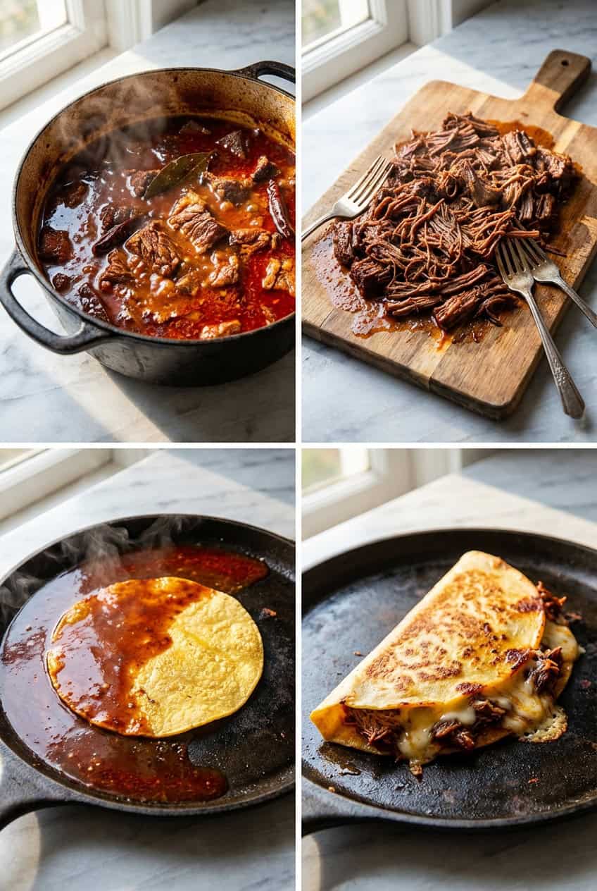 Step by step process of making birria quesadillas