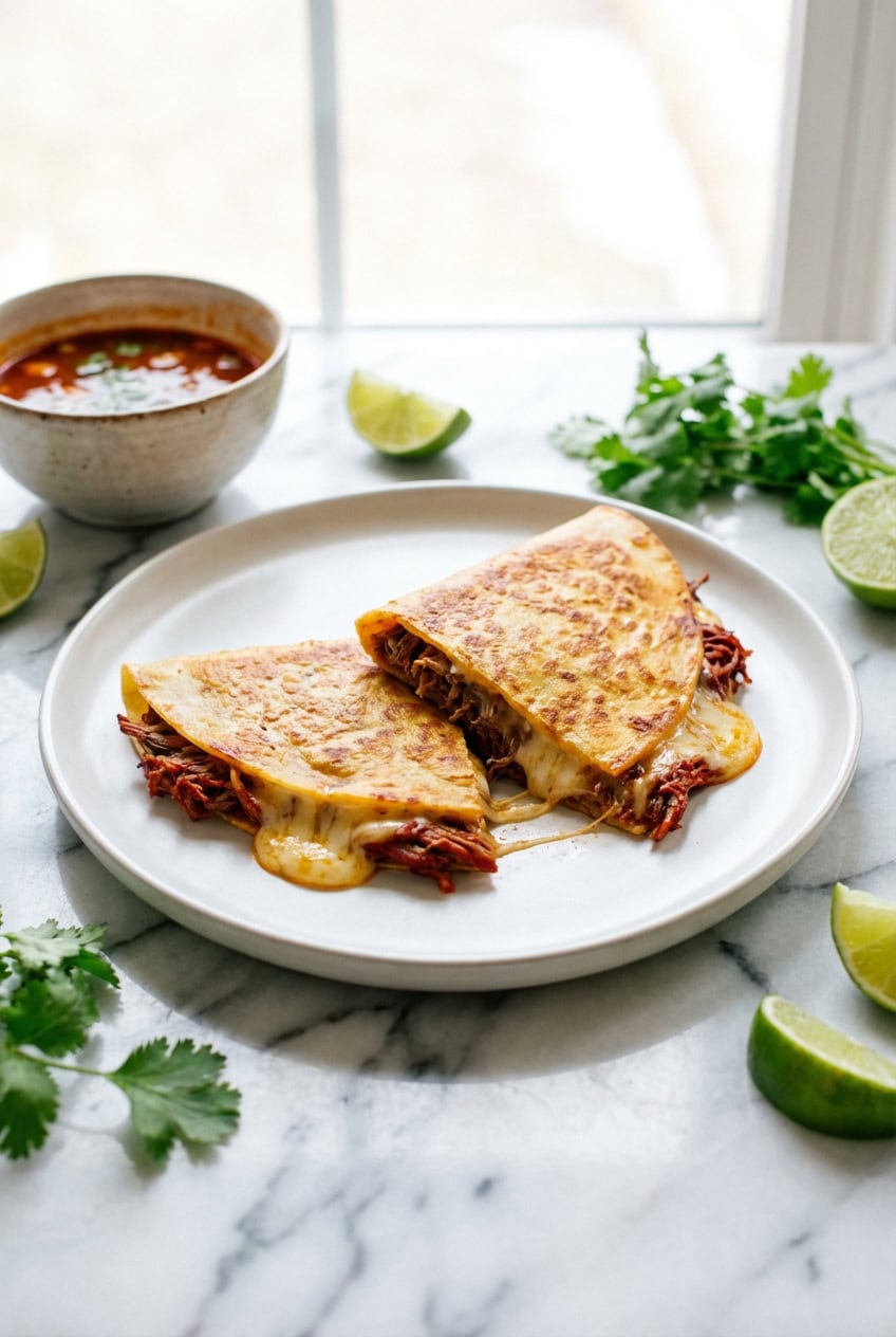 Birria quesadilla cut in half with consomme dipping bowl on white plate