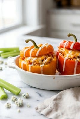 Buffalo chicken stuffed bell peppers in white baking dish with ranch drizzle