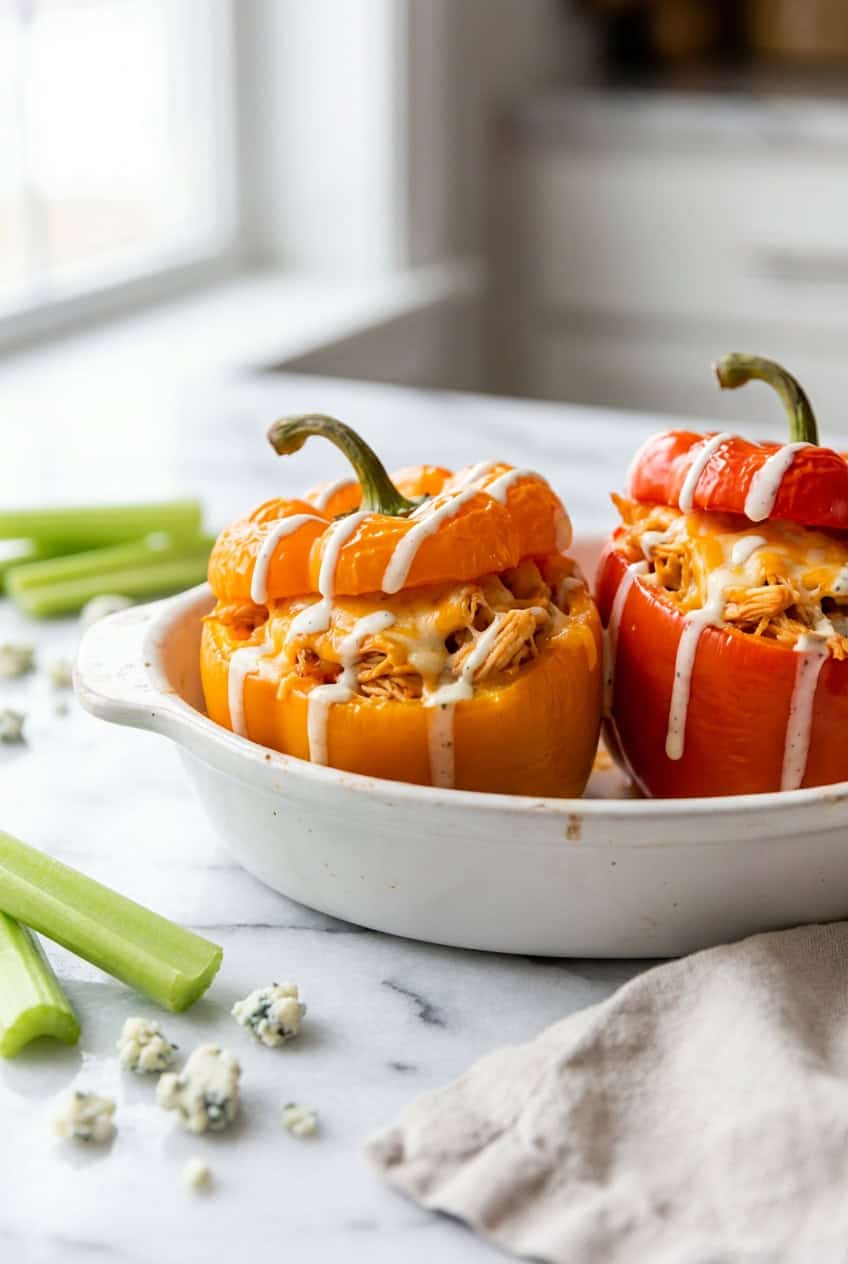 Buffalo chicken stuffed bell peppers in white baking dish with ranch drizzle