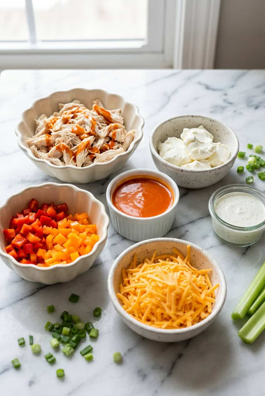 Ingredients for buffalo chicken stuffed peppers in white bowls on marble