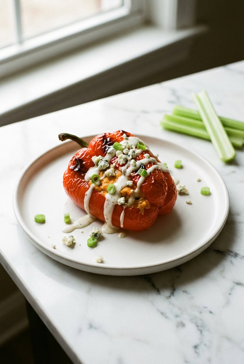 Single buffalo chicken stuffed pepper with ranch and blue cheese on white plate