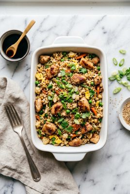 Cauliflower fried rice with chicken in a white ceramic dish on marble surface with green onions and sesame seeds
