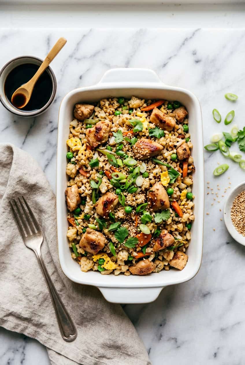 Cauliflower fried rice with chicken in a white ceramic dish on marble surface with green onions and sesame seeds