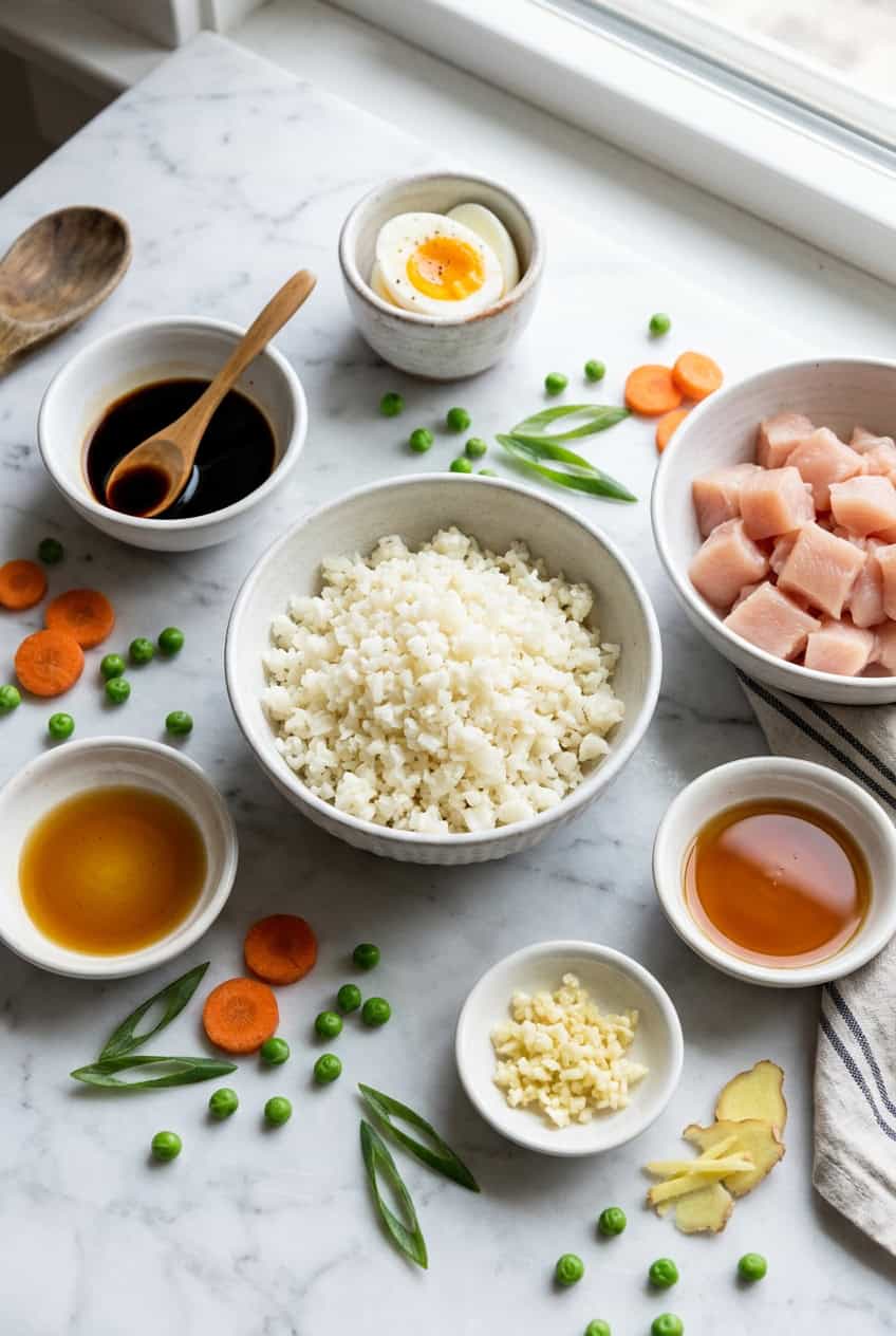 Ingredients for cauliflower fried rice with chicken in white ceramic bowls on marble surface
