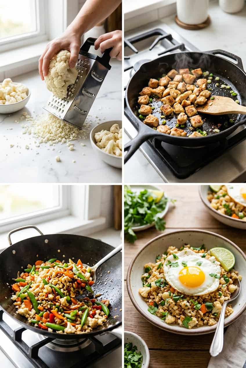 Step by step process of making cauliflower fried rice showing ricing cauliflower searing chicken stir frying vegetables and finished dish