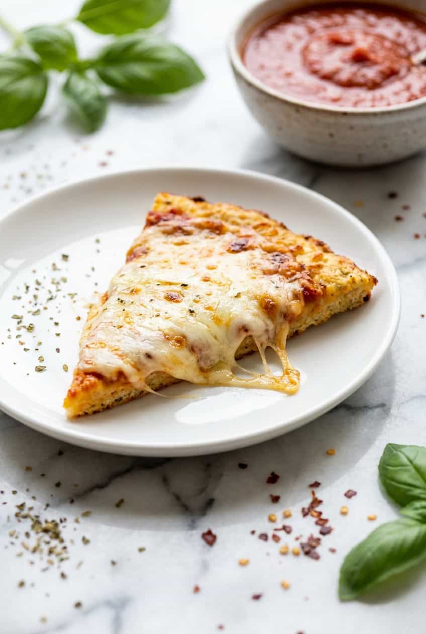 Single slice of chicken crust pizza with melted cheese on white plate