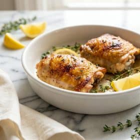 Crispy baked chicken thighs with golden skin in white baking dish