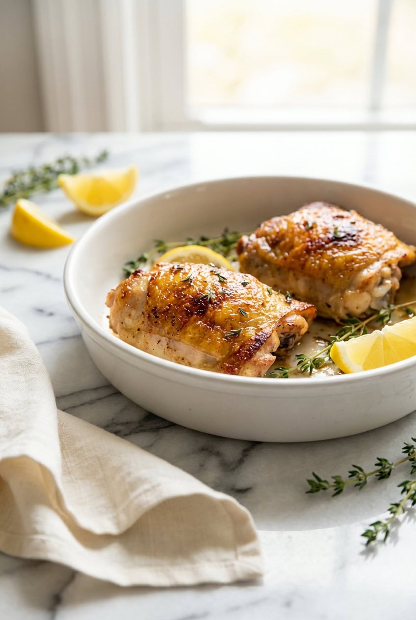 Crispy baked chicken thighs with golden skin in white baking dish