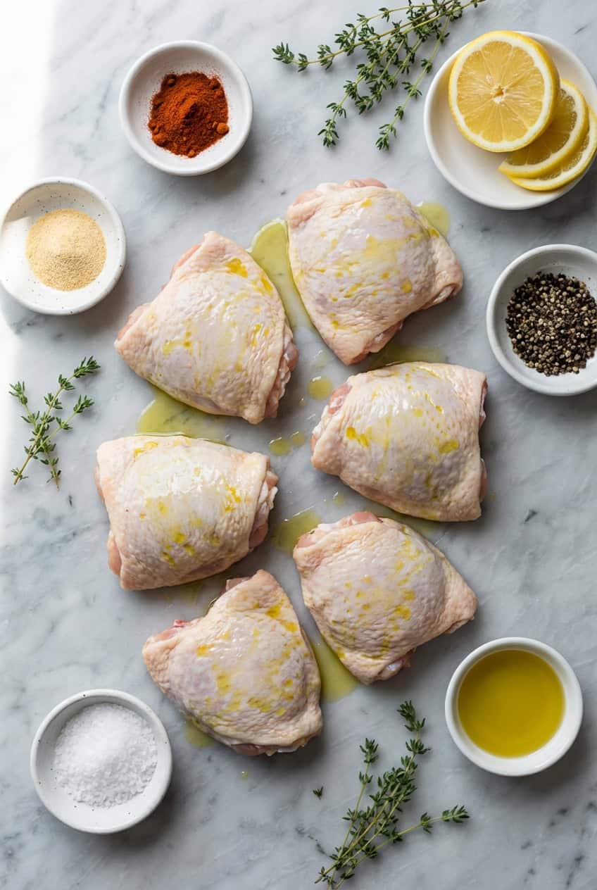 Ingredients for crispy baked chicken thighs in white bowls on marble