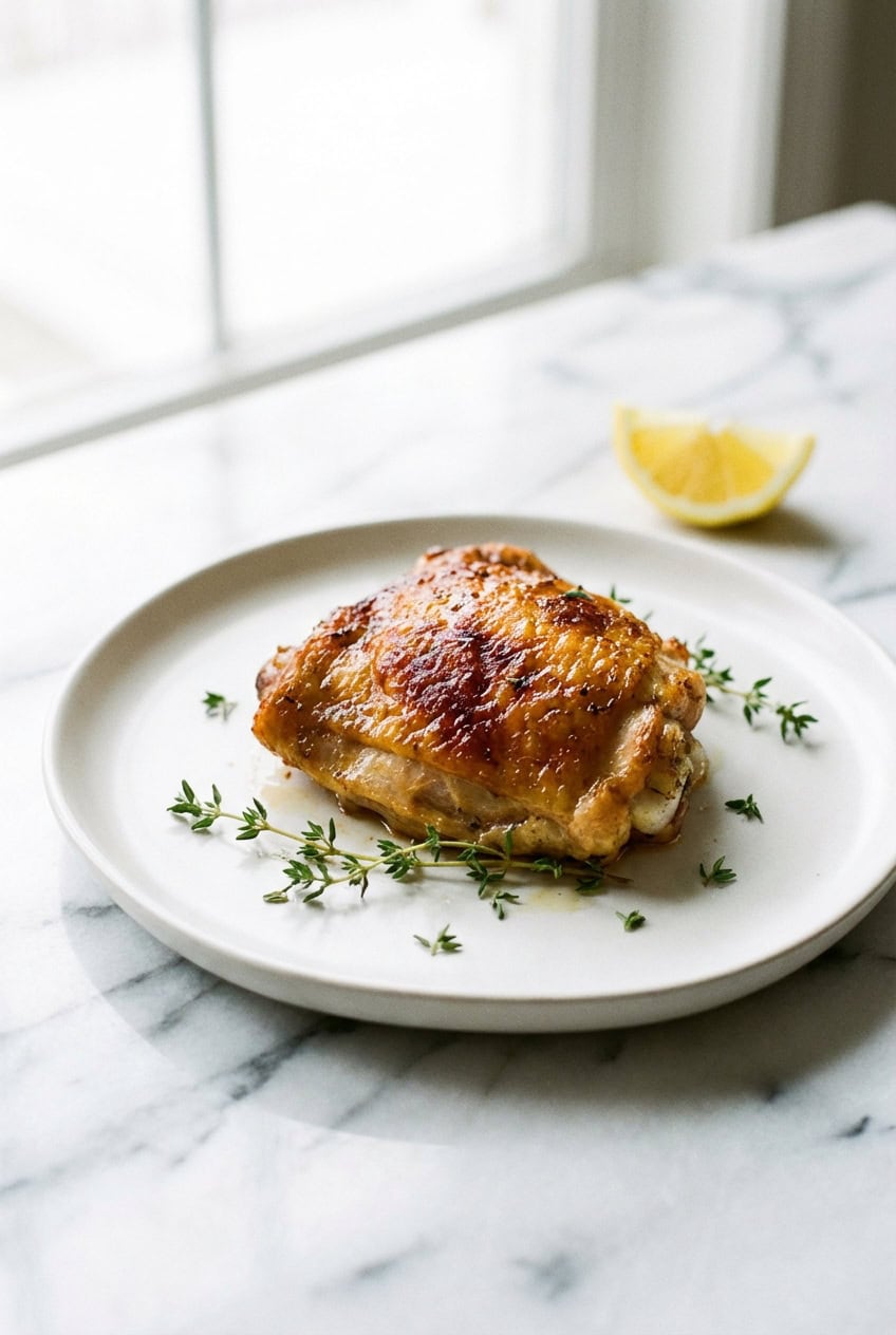 Single crispy baked chicken thigh with golden skin on white plate