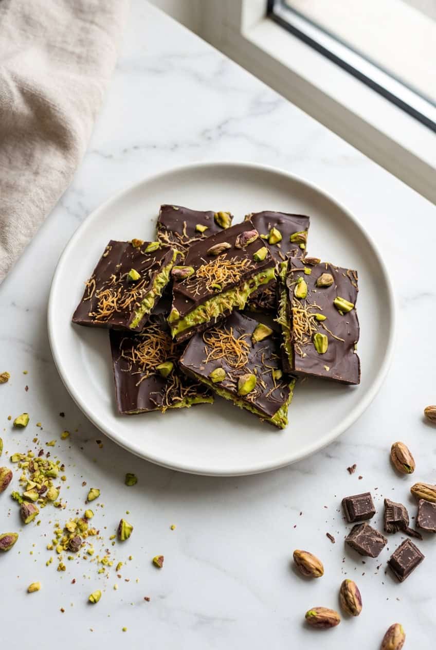 Dubai chocolate bark with pistachio filling and crispy pastry on white plate