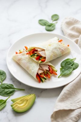 Egg white wraps filled with vegetables and turkey on white plate