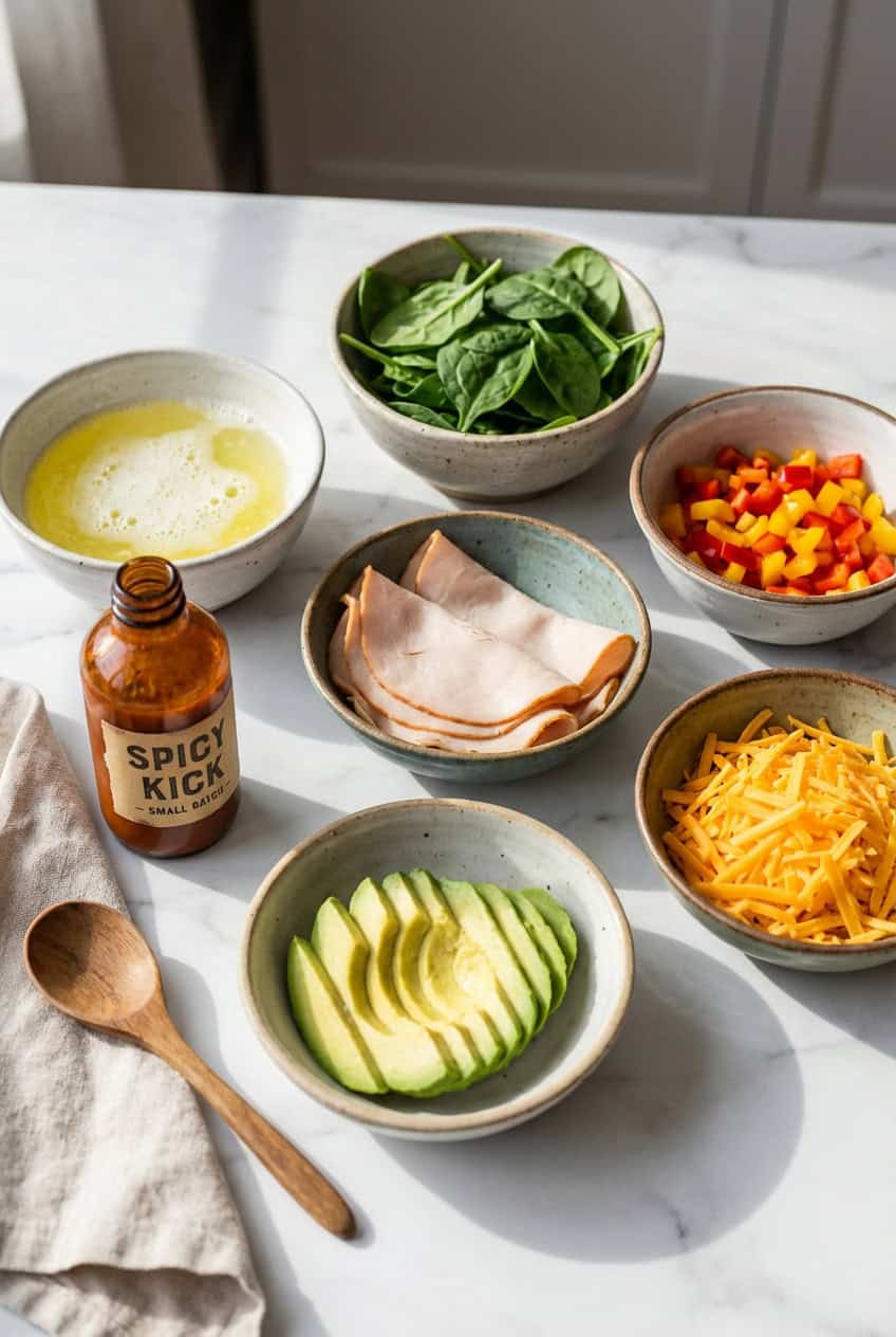 Ingredients for egg white wraps in white bowls on marble