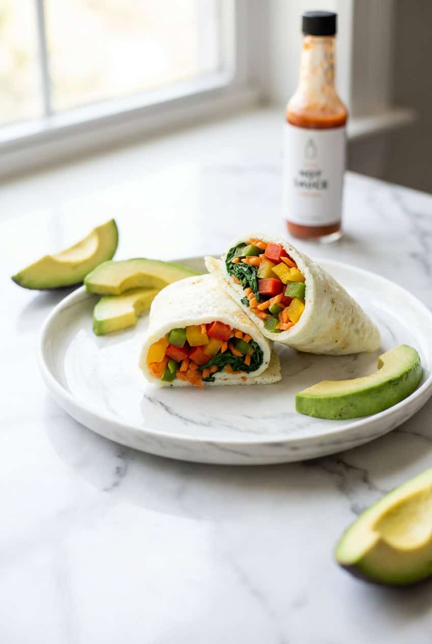Egg white wrap sliced in half showing colorful filling on white plate