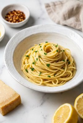 Garlic butter pasta with parsley and parmesan in a white ceramic bowl on marble surface