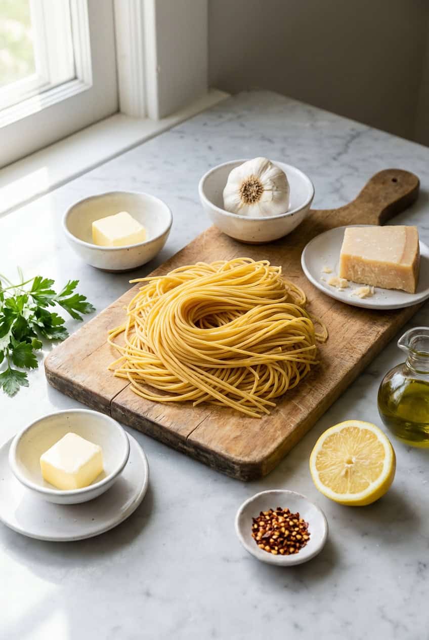 Ingredients for garlic butter pasta laid out in white ceramic bowls on marble surface