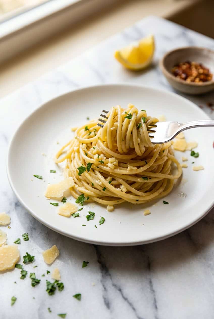Single serving of garlic butter pasta twirled on a white plate with parmesan shavings