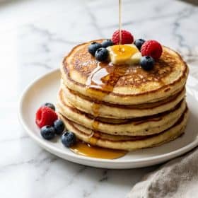 Stack of fluffy Greek yogurt pancakes with maple syrup and berries