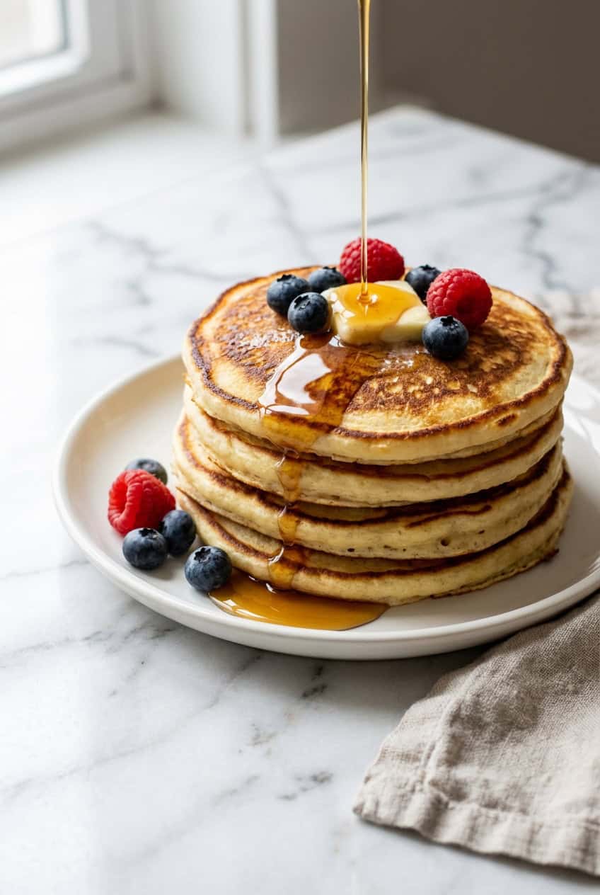 Stack of fluffy Greek yogurt pancakes with maple syrup and berries