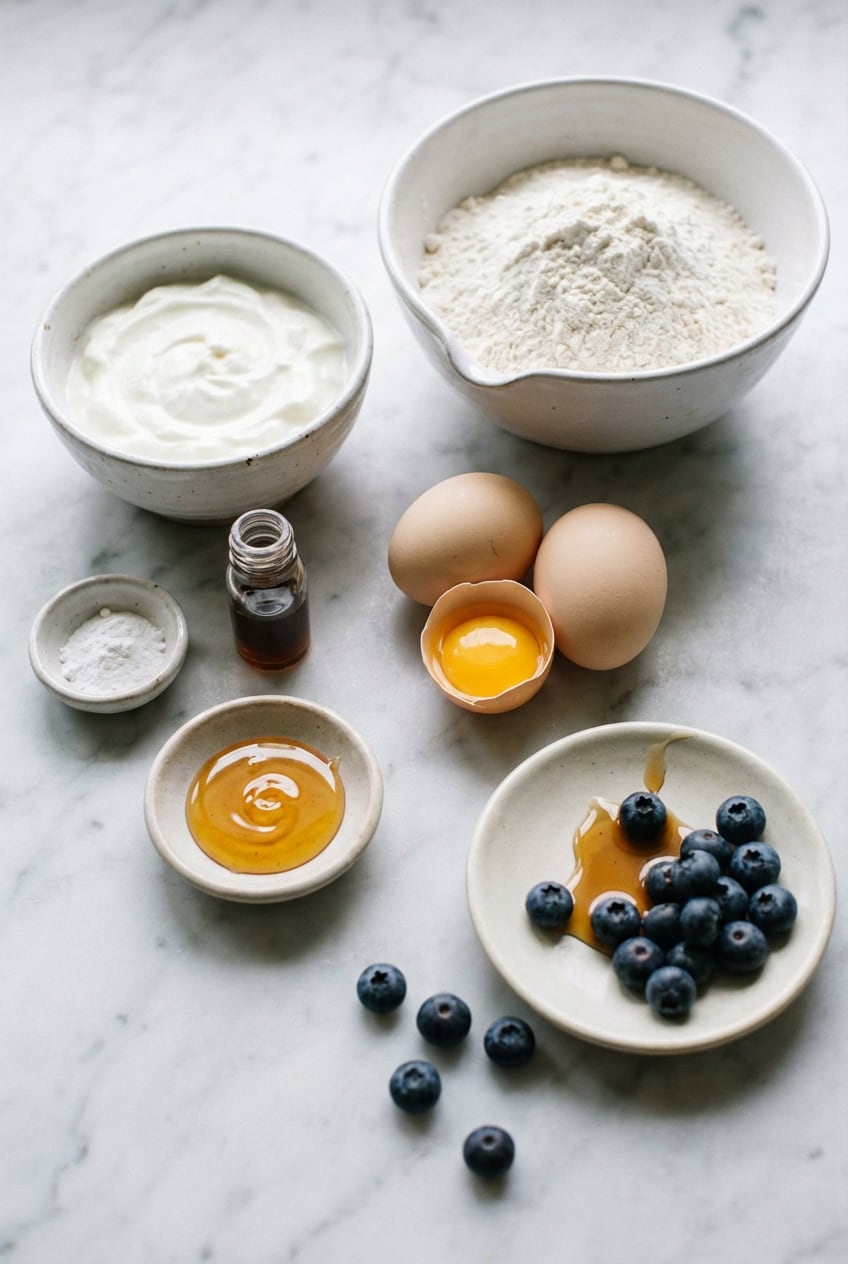 Ingredients for Greek yogurt pancakes in white bowls on marble