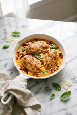 Marry me chicken in creamy sun-dried tomato sauce in white skillet