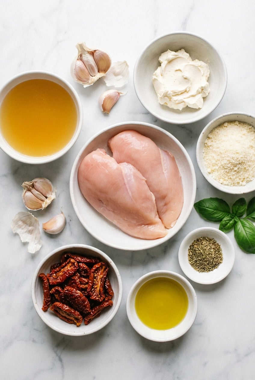 Ingredients for marry me chicken in white bowls on marble