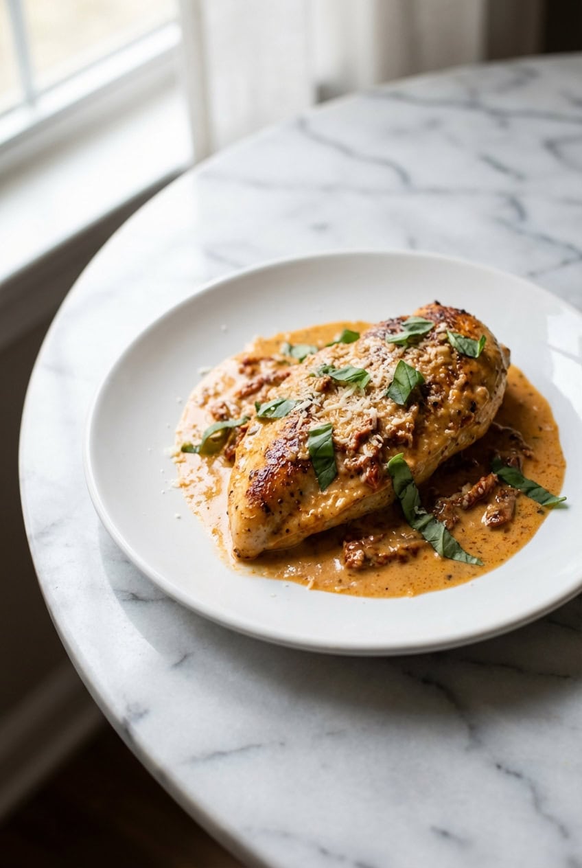 Single serving of marry me chicken with creamy sauce on white plate