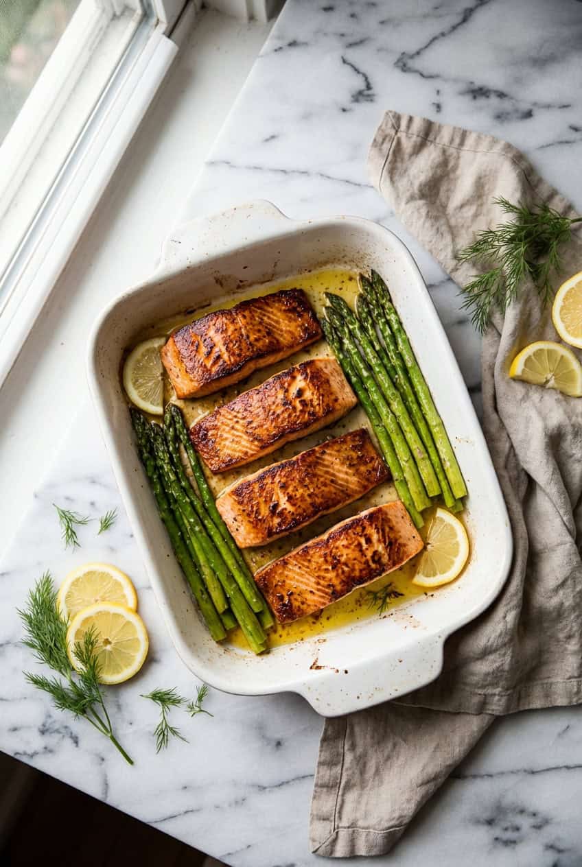 One pan lemon garlic salmon with asparagus in white baking dish
