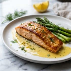 Single fillet of lemon garlic salmon with asparagus on white plate