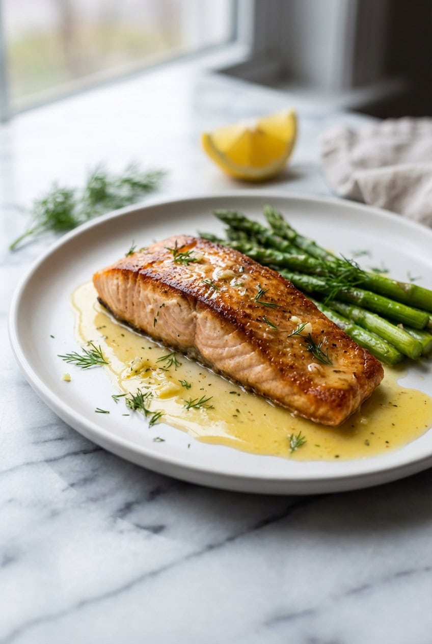 Single fillet of lemon garlic salmon with asparagus on white plate