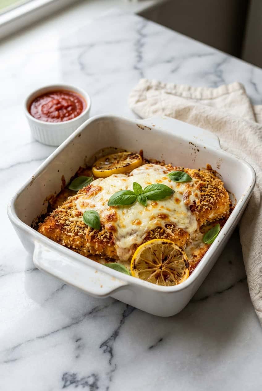Oven baked chicken parmesan in a white ceramic baking dish with golden melted mozzarella and fresh basil