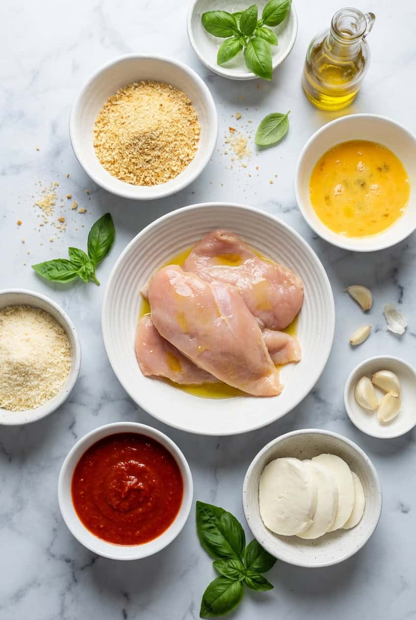 Ingredients for oven baked chicken parmesan in white ceramic bowls on marble surface
