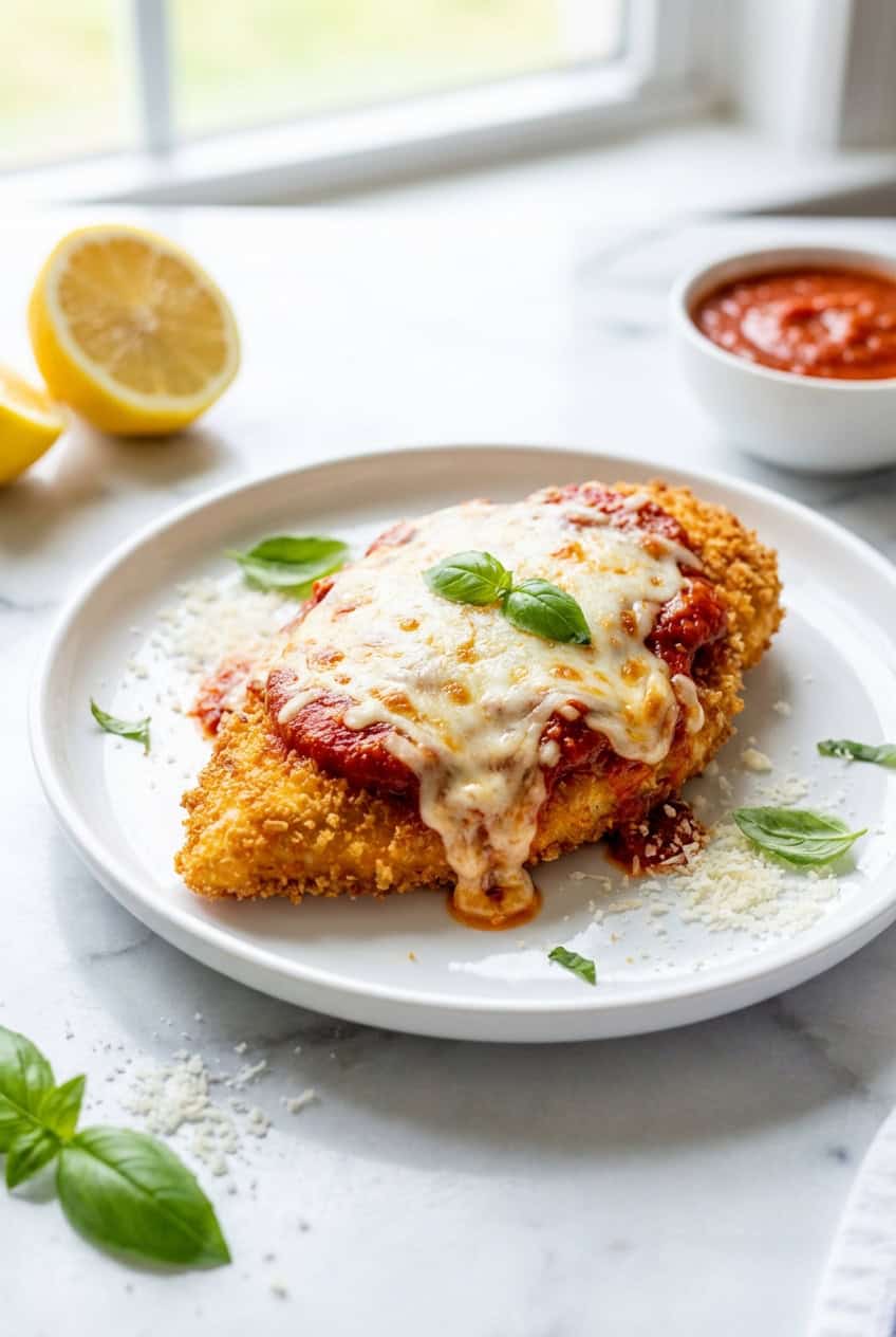 Single serving of oven baked chicken parmesan on a white plate with melted mozzarella and marinara sauce