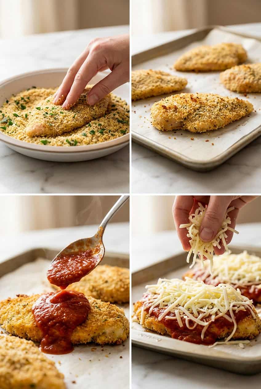 Step by step process of making oven baked chicken parmesan showing breading coating baking and topping with cheese